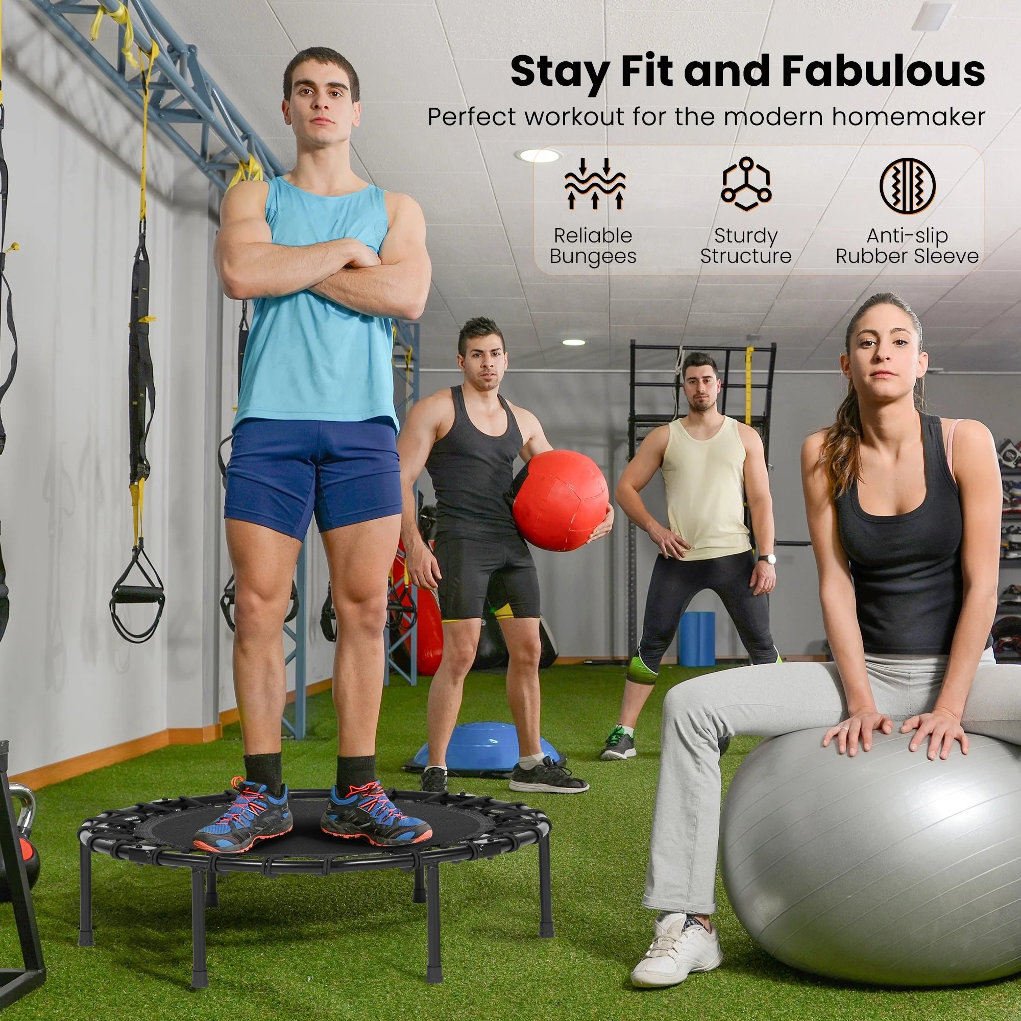 40" Fitness Trampoline Mini Trampoline with Bungees Adjustable Foam Handle Exercise Trampoline for Teenagers Adults Indoor/Garden Workout